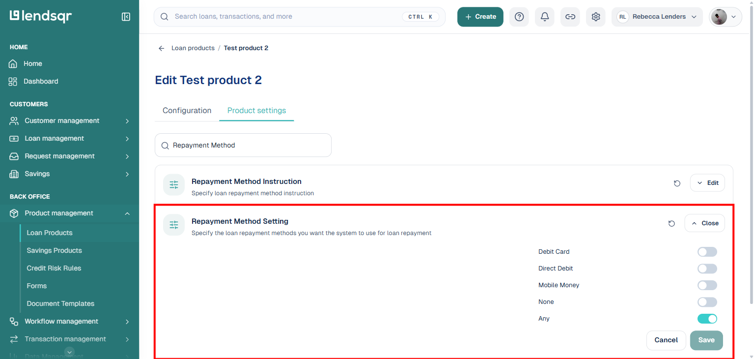 Product settings, Repayment Method Setting expanded showing Debit Card, Direct Debit, Mobile Money, None, and Any options, boxed
