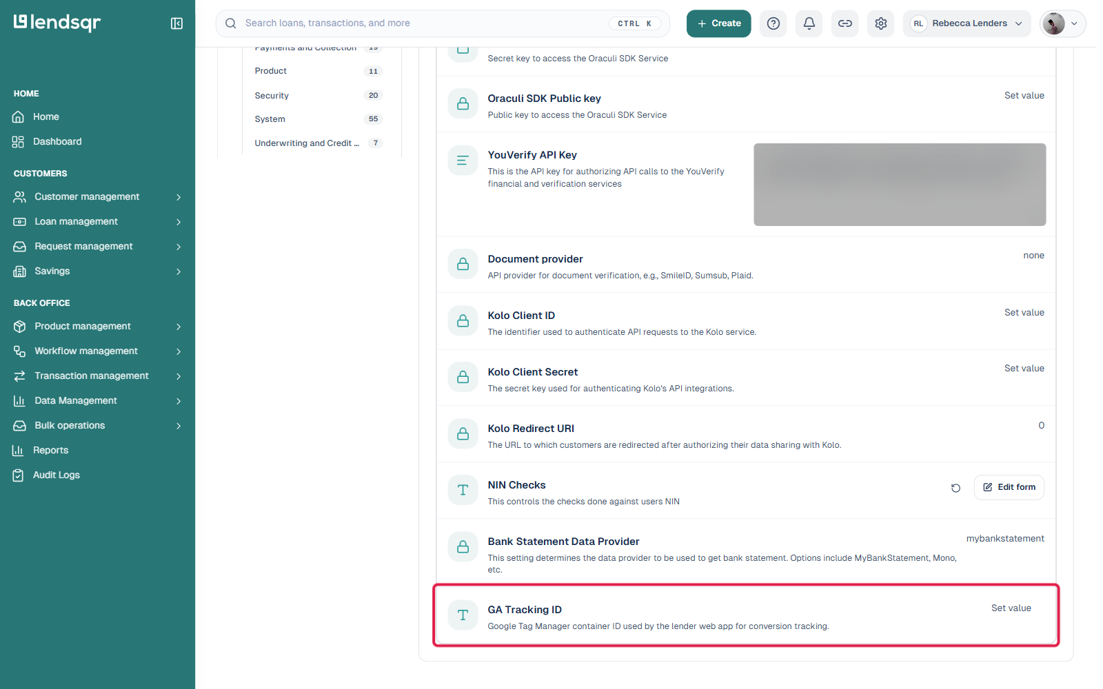 Data and Integration system settings with the GA Tracking ID setting highlighted