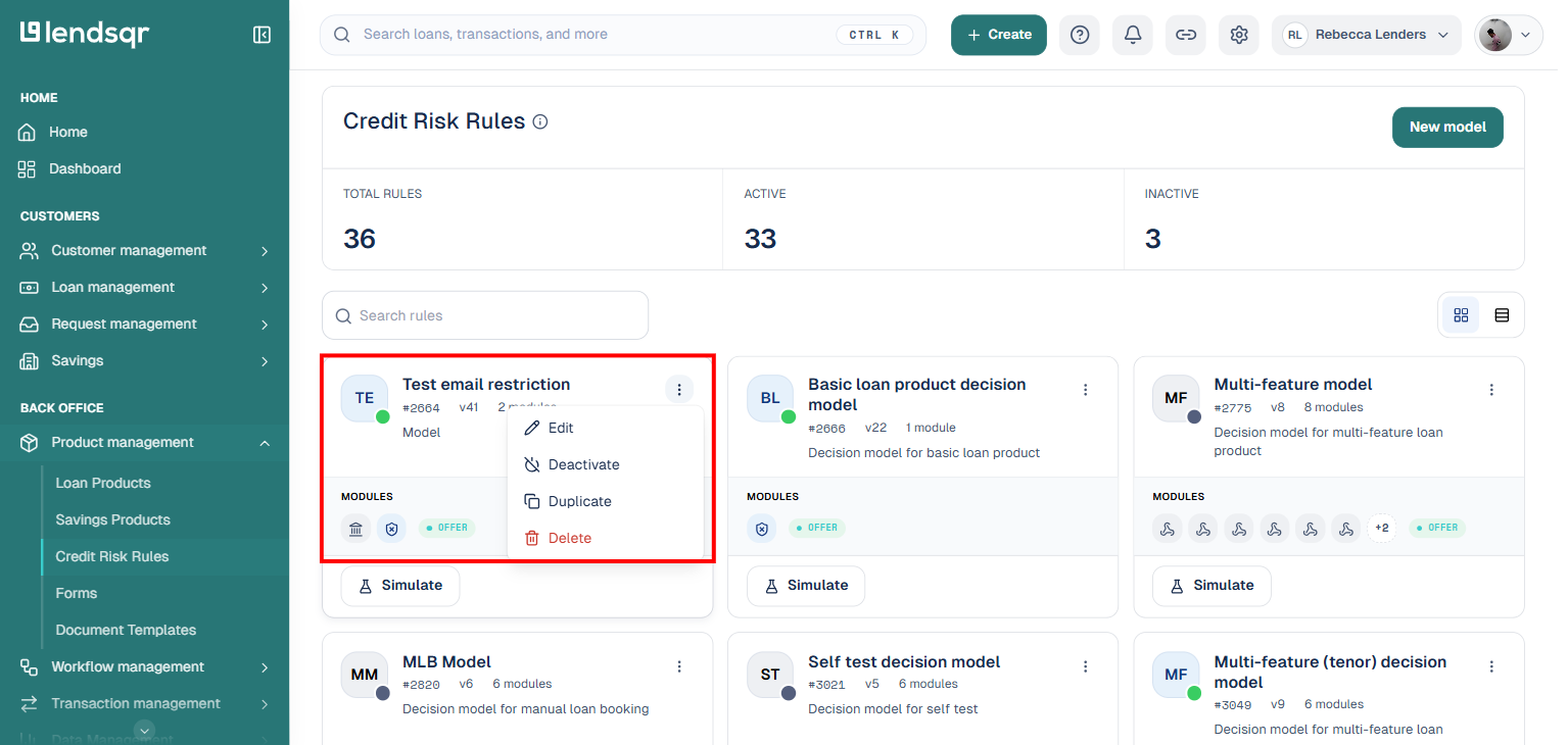 Credit Risk Rules page with a rule's actions menu open, showing Edit, Deactivate, Duplicate, and Delete, boxed