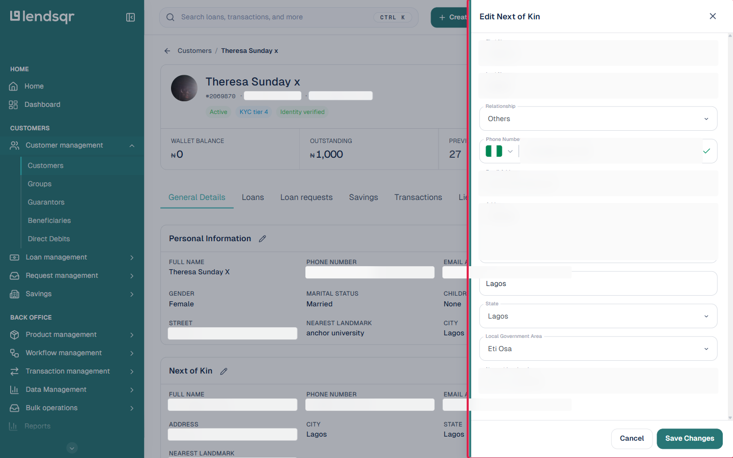 Customer profile with the Edit Next of Kin side panel open, showing editable fields for a manually-created customer's next of kin; all personal details blurred
