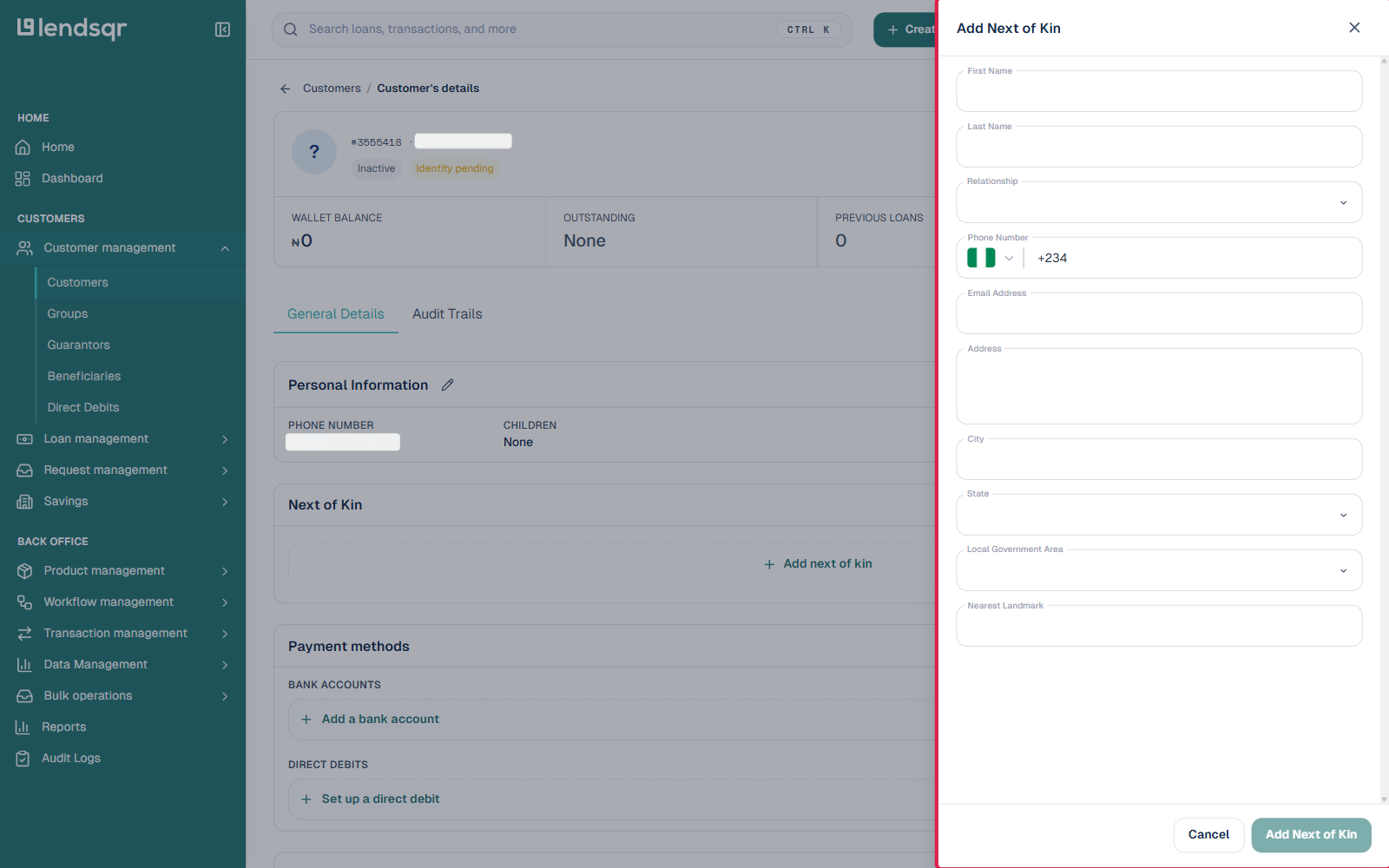 Customer profile for a customer without a next of kin on file, showing the empty Add Next of Kin panel