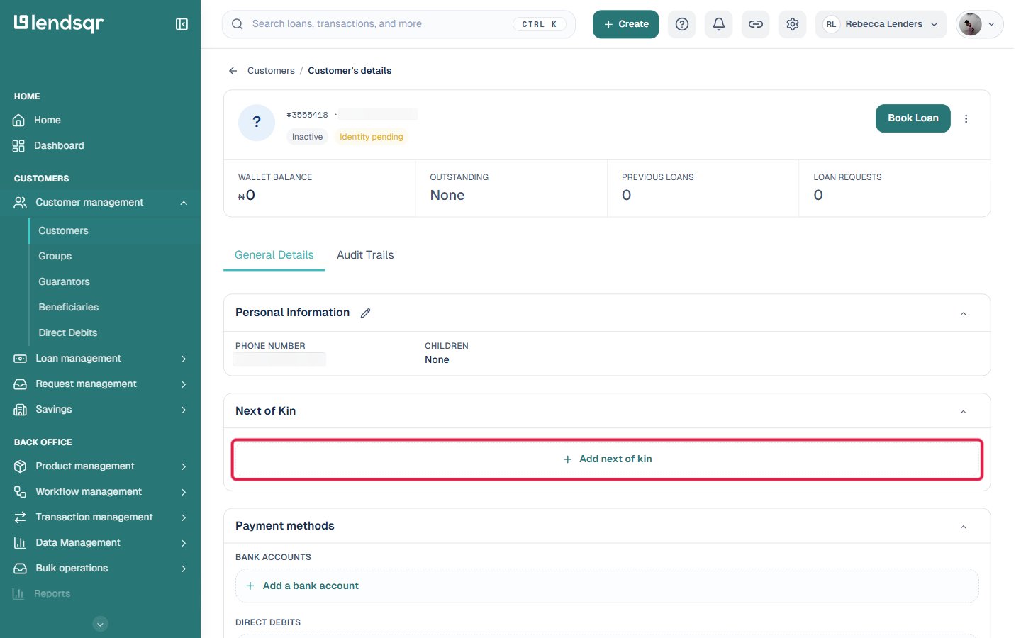Next of Kin section on a customer's profile with no records on file, with the Add next of kin button highlighted