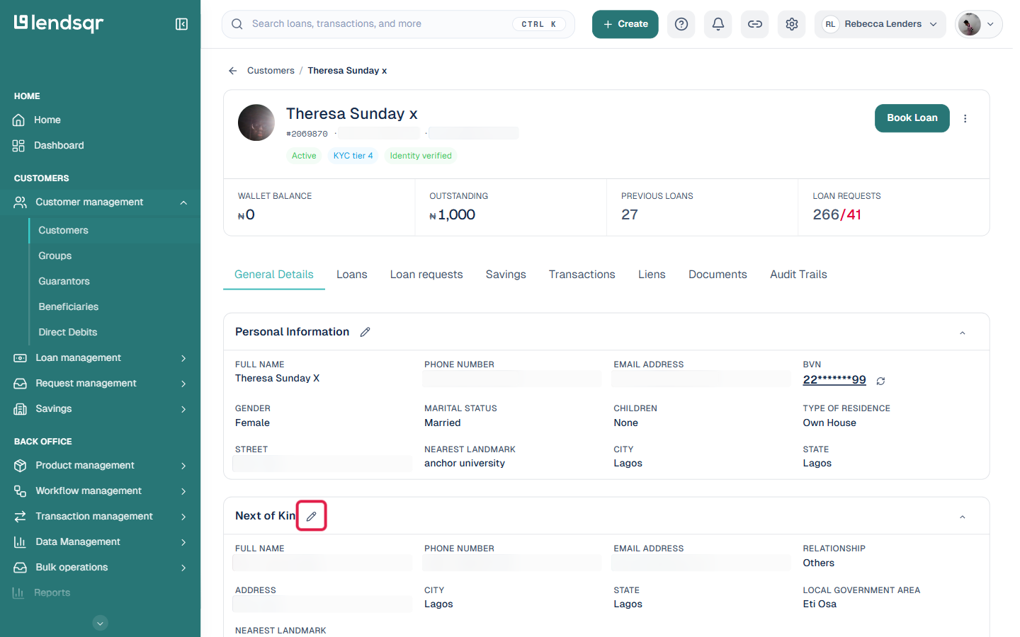Next of Kin section on a customer's profile with an existing record, with the pencil edit icon highlighted; personal details blurred