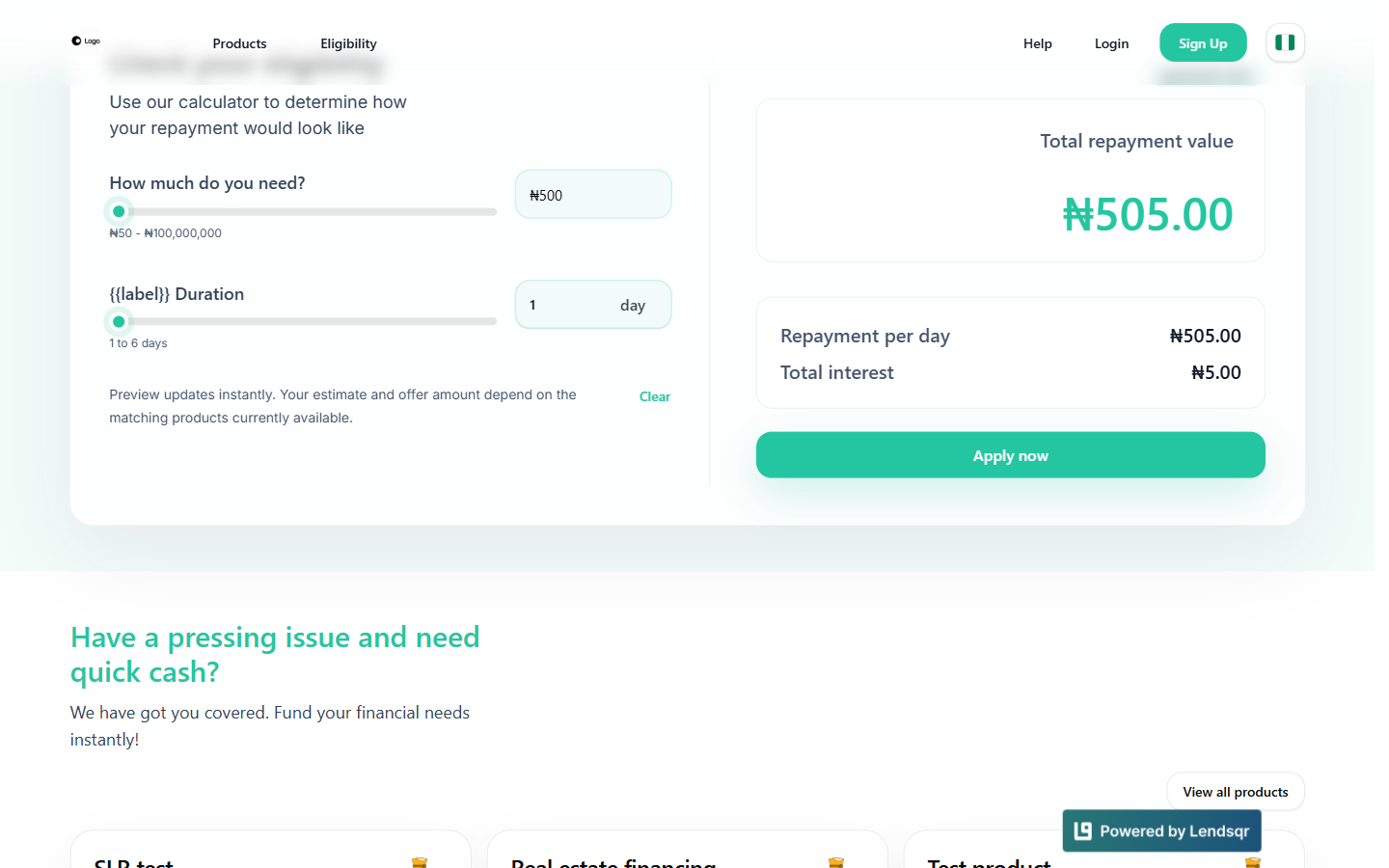 The Check your eligibility calculator on the lender microsite with loan amount and duration sliders and a live repayment preview