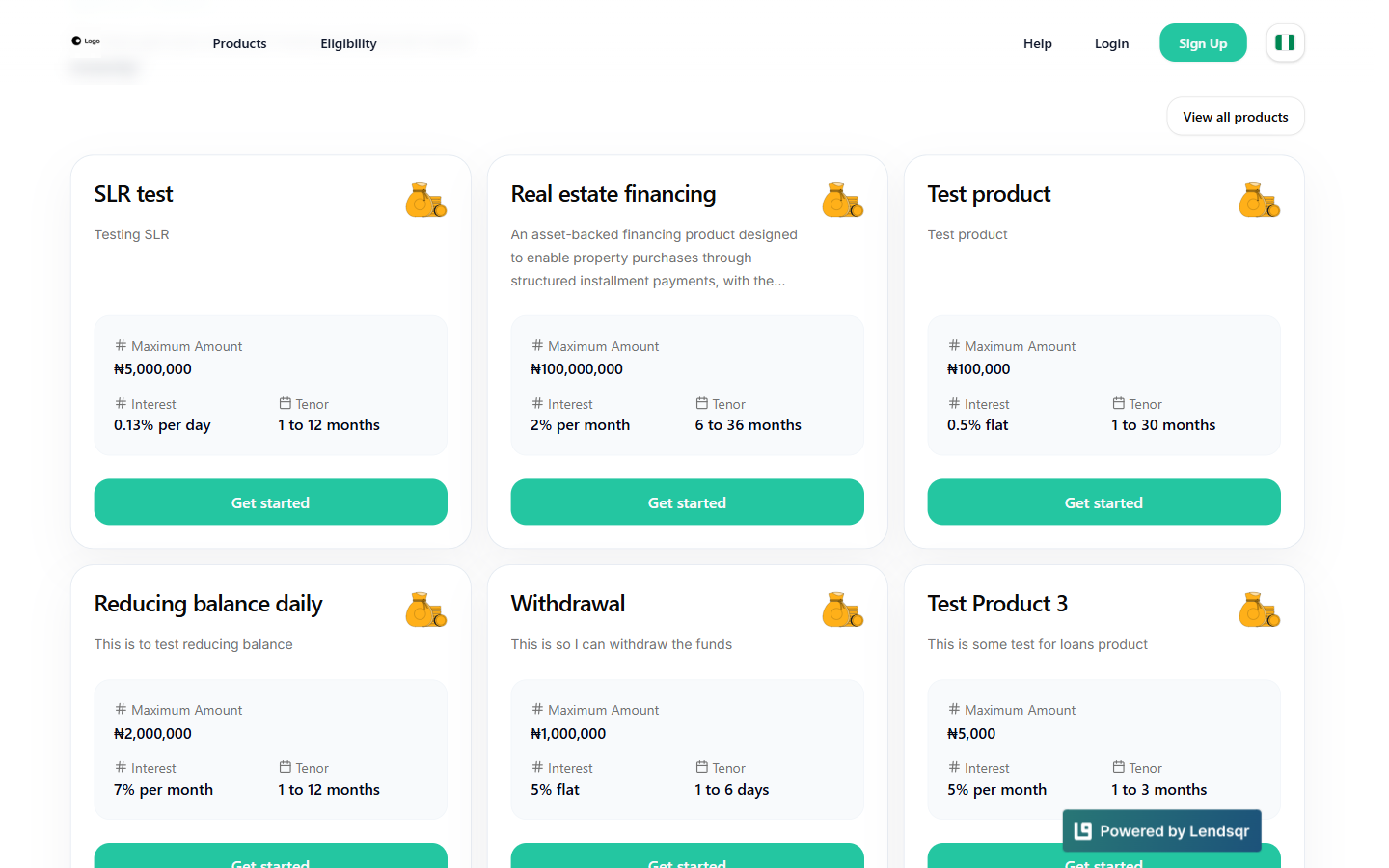 The loan products section on the lender microsite, showing each loan product as a card with maximum amount, interest, and tenor