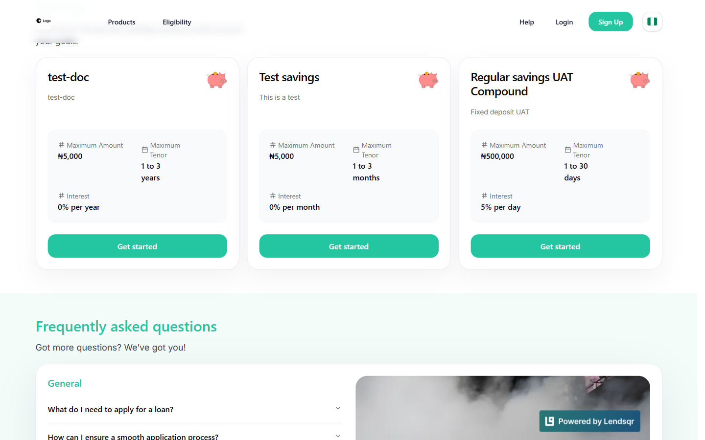 The Savings section on the lender microsite, listing savings products as cards beneath the loan products
