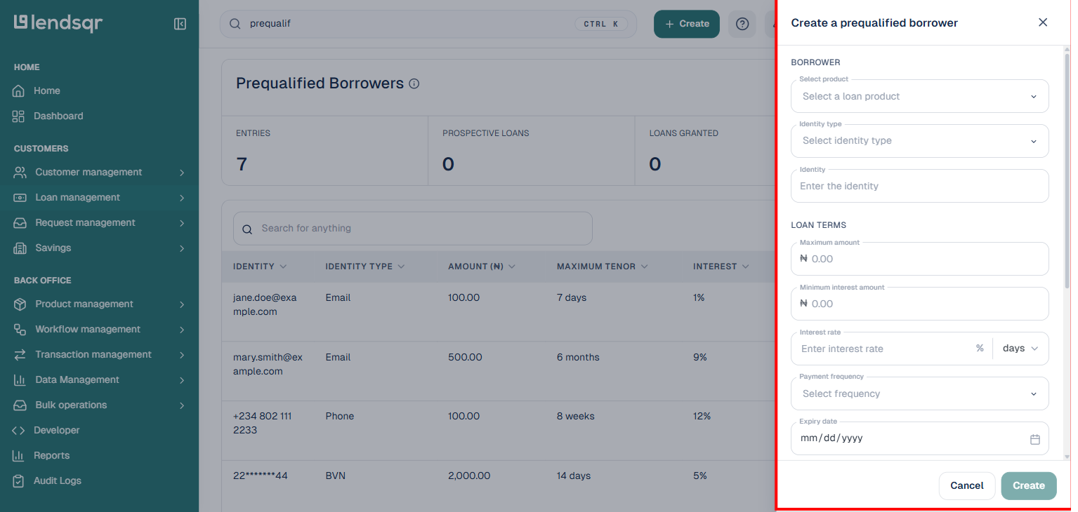 Create a prequalified borrower panel with Borrower and Loan terms sections, boxed