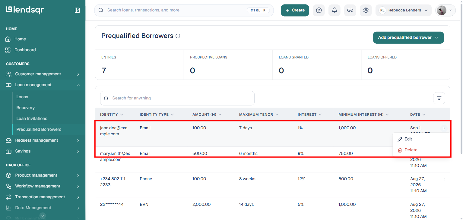 Prequalified Borrowers list with a row's Actions menu open, showing Edit and Delete, boxed