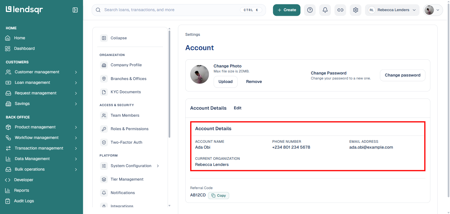 Account page showing Account Details card with name, phone, email and referral code fields (sample data)
