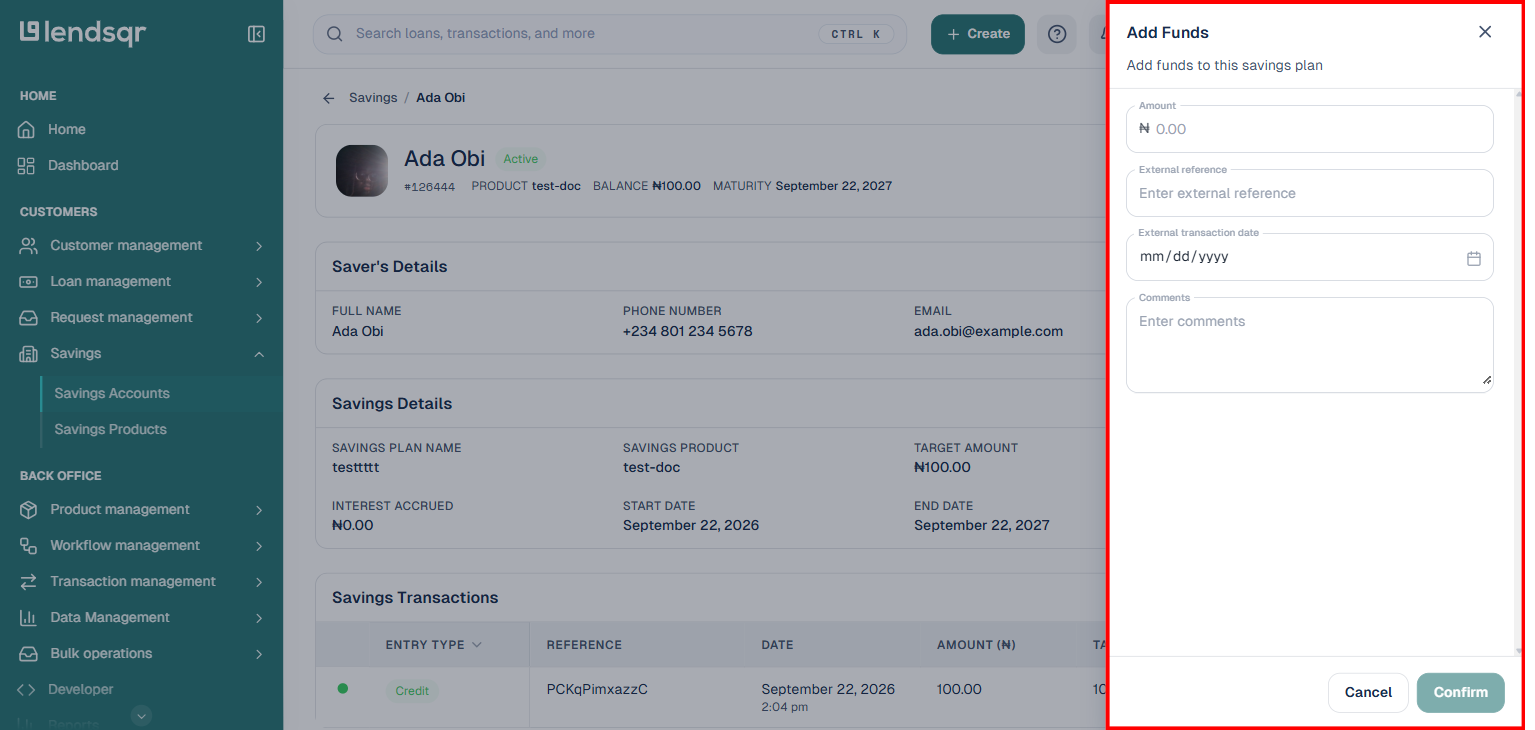 Add Funds drawer showing amount, external reference, external transaction date and comments fields