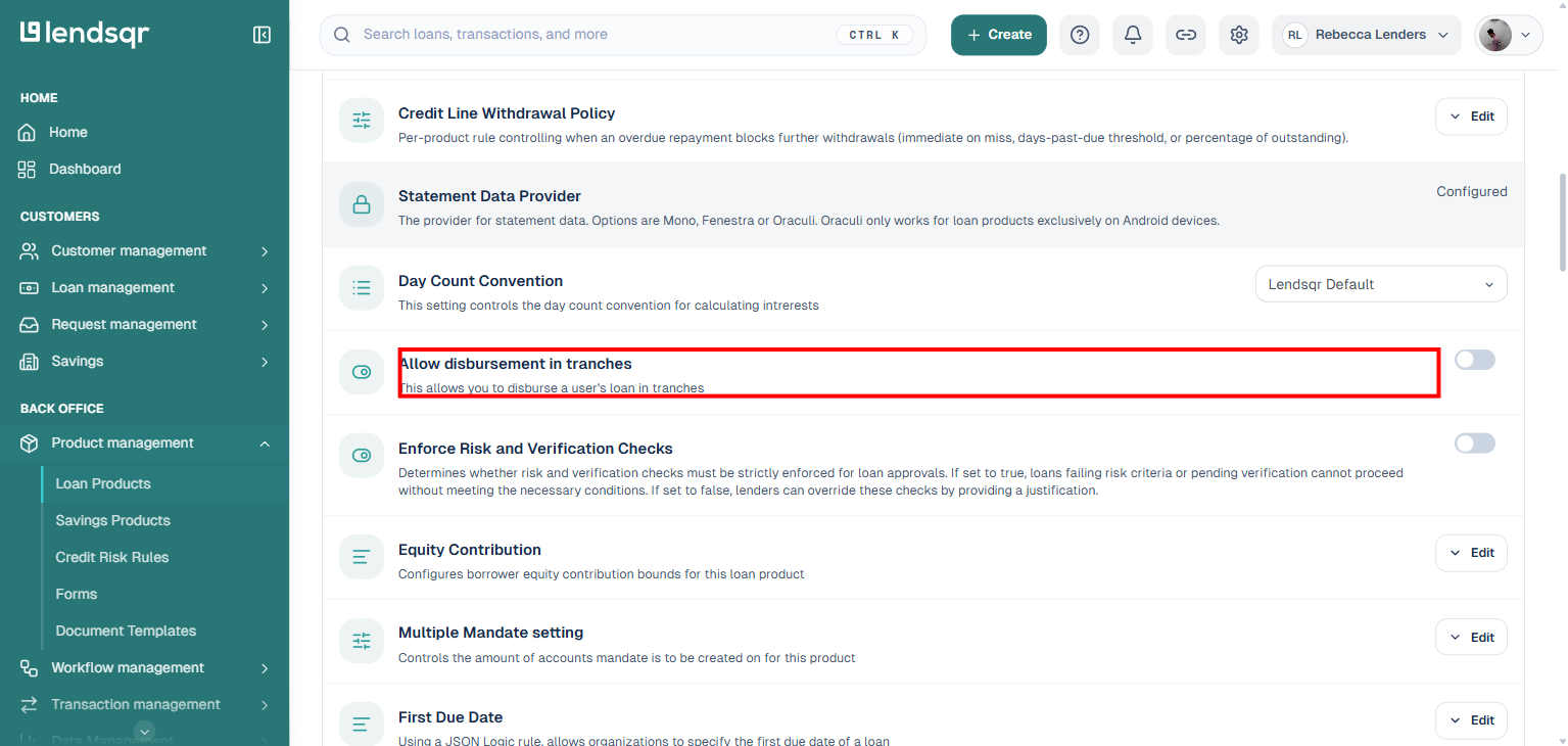 Product settings tab showing the Allow disbursement in tranches checkbox and description