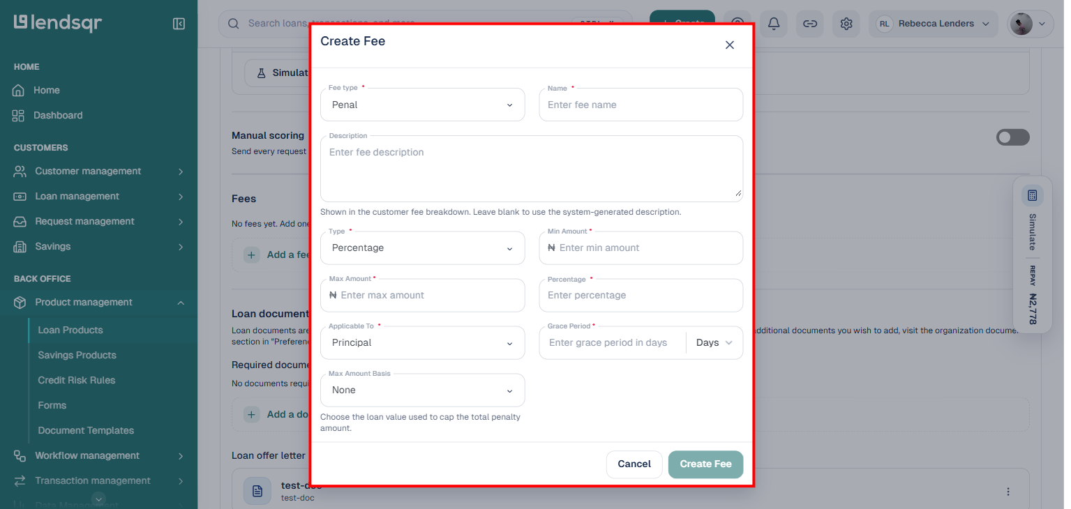 Create Fee dialog showing the Penal fee type selected with percentage, applicable-to, grace period and cap fields