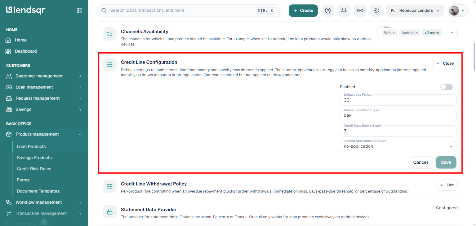 Product settings tab showing Credit Line Configuration expanded with Enabled checkbox, Default Due Period, Cutoff Days Before Expiry and Interest Application Strategy fields