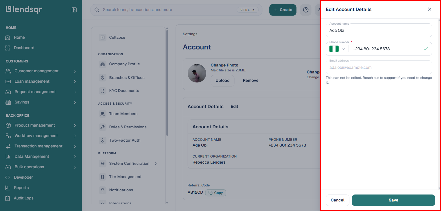 Edit Account Details drawer showing editable account name and phone number fields, with email address disabled