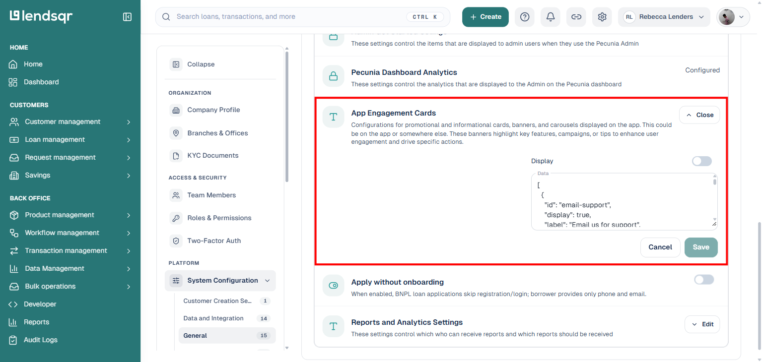 App Engagement Cards setting expanded in place showing a Display checkbox and a Data field containing the JSON array of cards