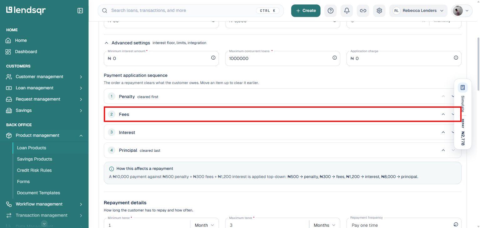Fees section within loan product edit page showing no fees yet and the add fee button