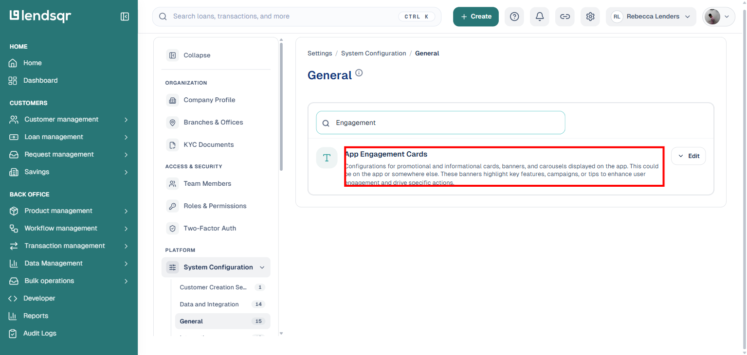 General settings category with search box filtered to App Engagement Cards setting