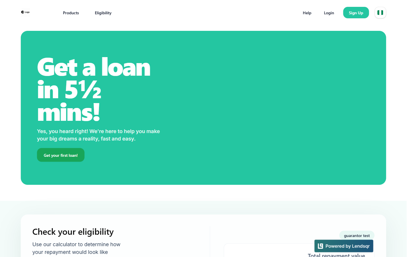 The lender microsite homepage hero section with headline, subheadline, Get your first loan button, and top navigation