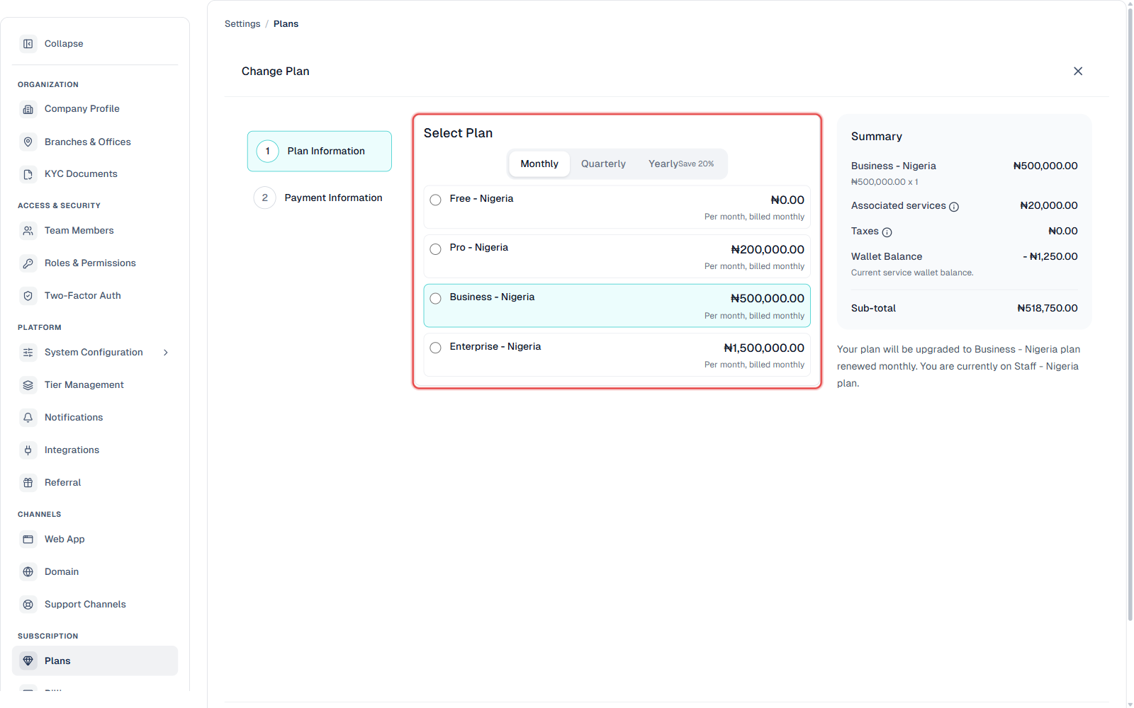 Change Plan modal with the Select Plan panel highlighted, showing Free, Pro, Business, and Enterprise options and a cost summary