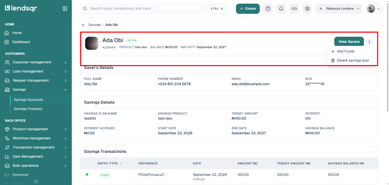 Savings plan details page with the More actions menu open showing Add Funds and Delete savings plan options (sample data)