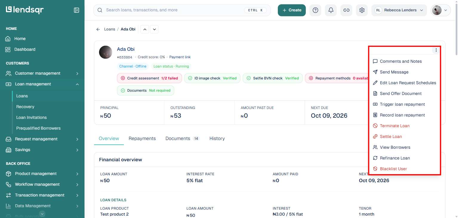 Loan details page with the More actions menu open showing Record loan repayment among other options