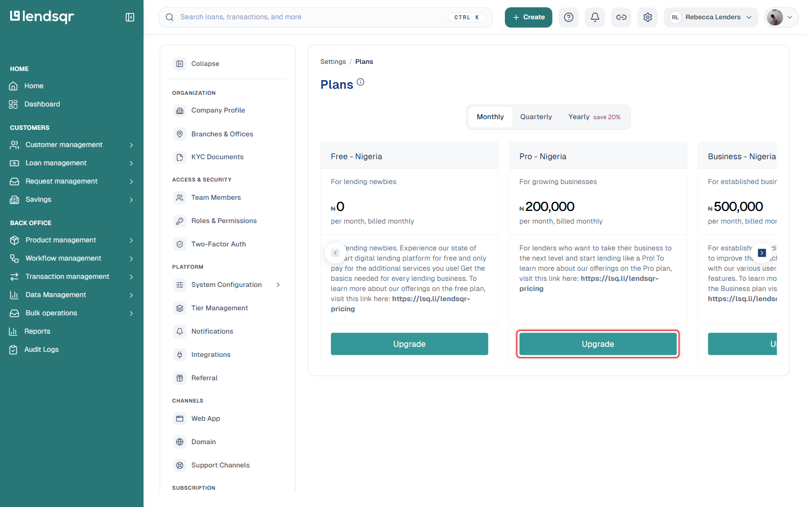 Plans page showing Free, Pro at N200000, and Business at N500000 per month, with the Pro Upgrade button highlighted