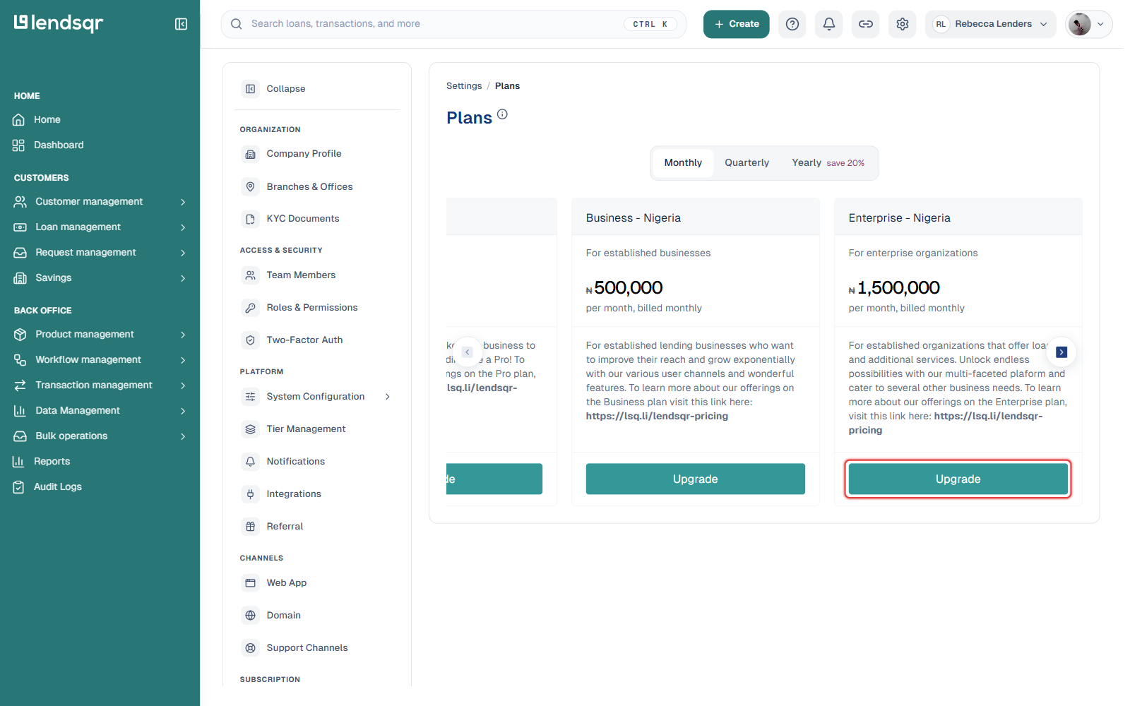 Plans page showing Business at N500000 and Enterprise at N1500000 per month, with the Enterprise Upgrade button highlighted