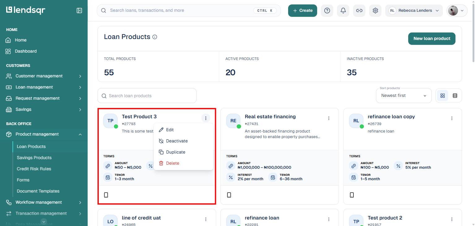 Loan Products page showing a product card with the Product actions menu open, Edit option highlighted