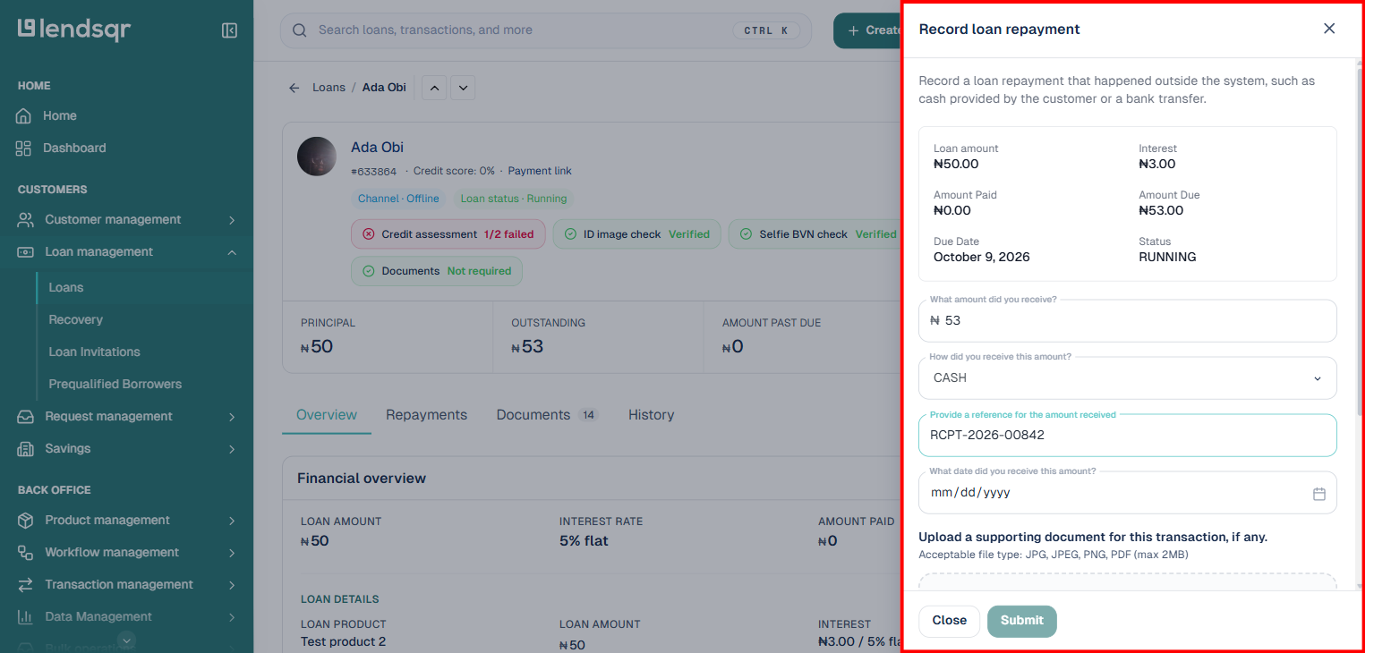 Record loan repayment panel showing loan summary, amount, channel, reference, date, supporting document and details fields