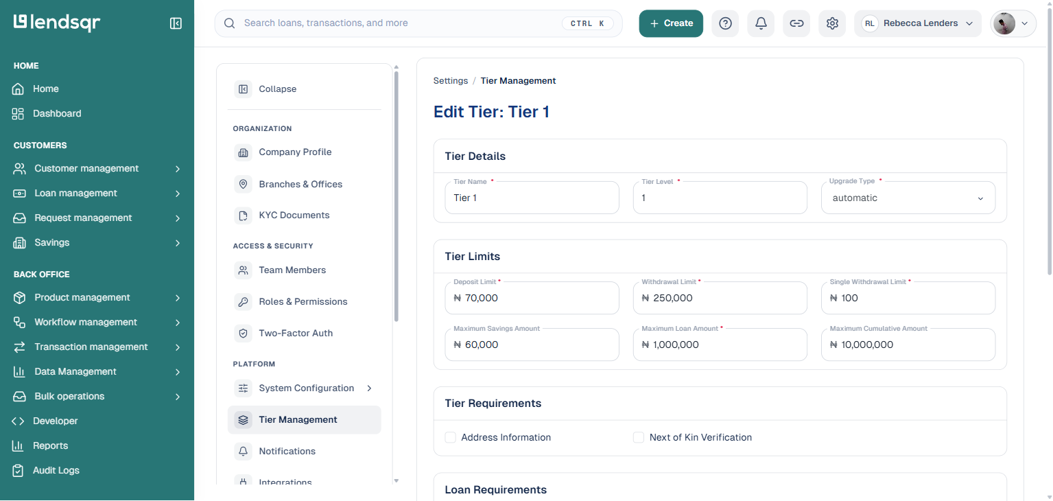 Edit Tier page for Tier 1 pre-filled with existing tier name level and limits