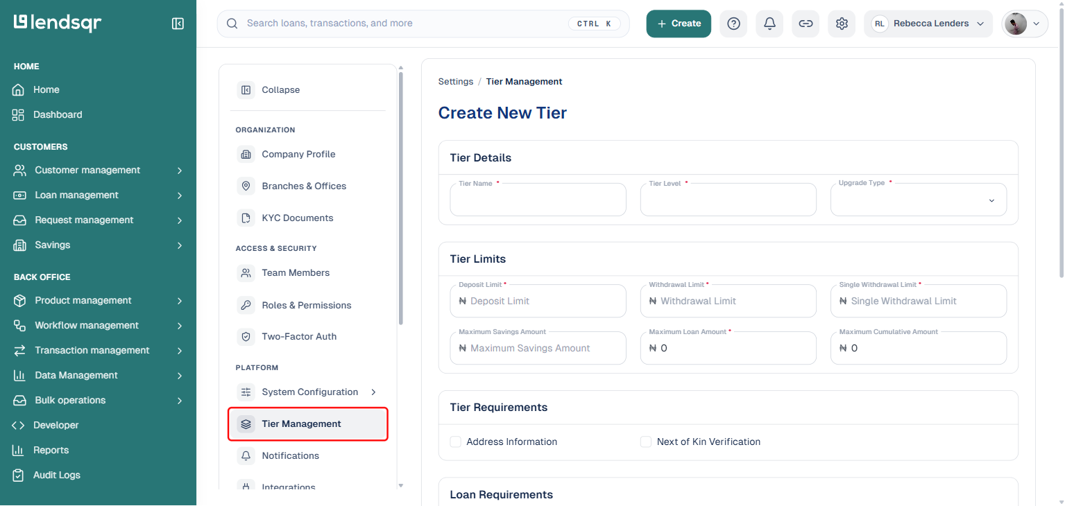Create New Tier page showing Tier Details and Tier Limits sections