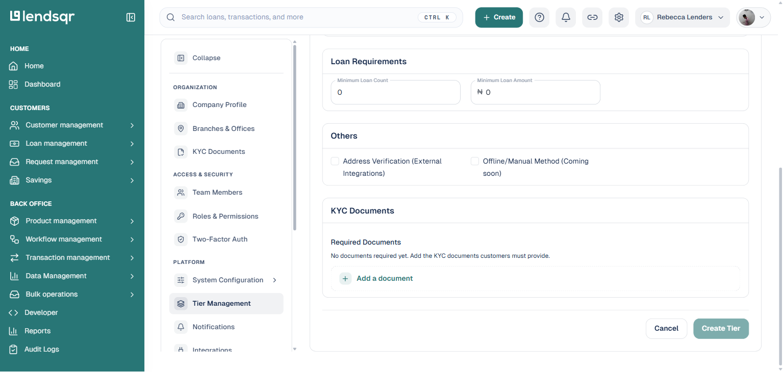 Create New Tier page scrolled down showing Loan Requirements Others and KYC Documents sections with Create Tier button