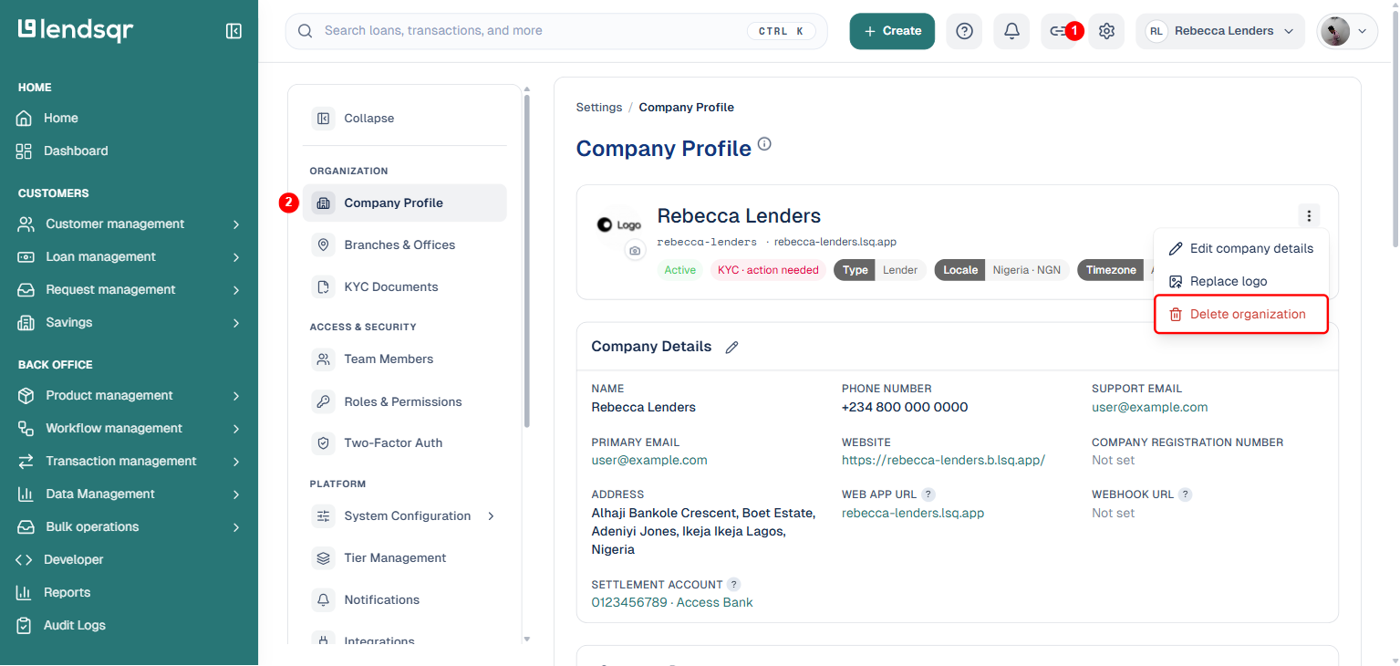 Company actions menu open on the Company Profile page with Delete organization boxed