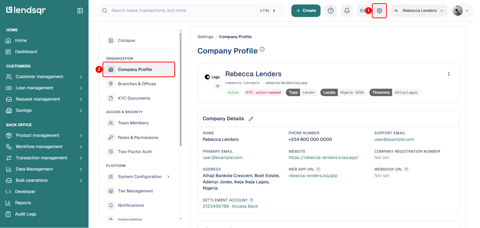 Settings gear icon boxed, and Company Profile boxed in the Settings sidebar, showing the Company Profile page