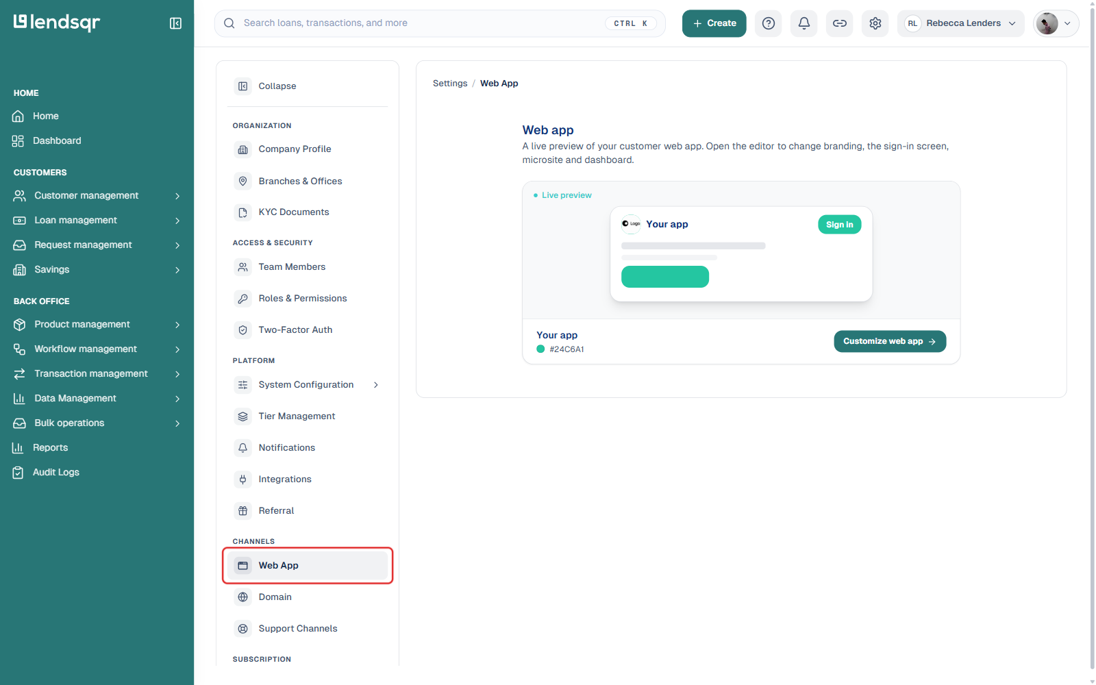 Settings sidebar with Web App boxed, showing the live preview and Customize web app button