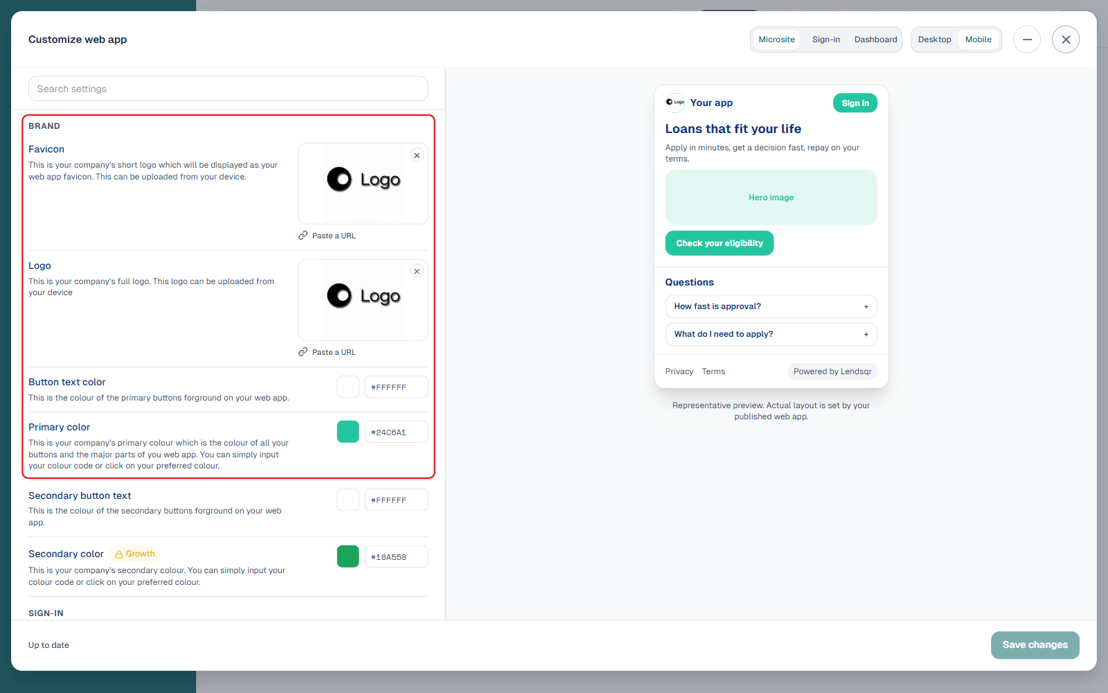 Customize web app editor showing the Brand tab fields boxed, with the live preview panel alongside
