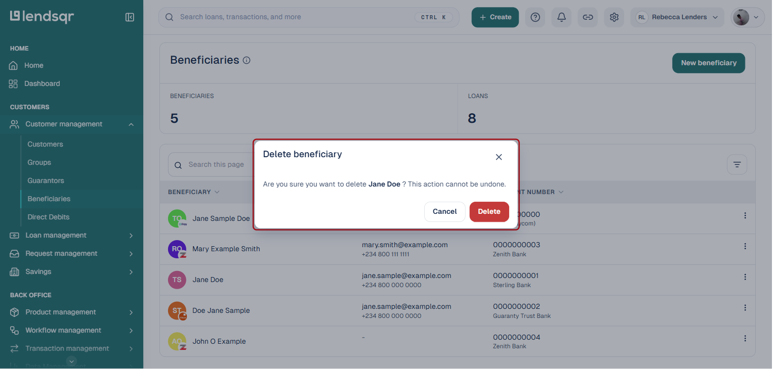 Delete beneficiary confirmation dialog with Cancel and Delete buttons