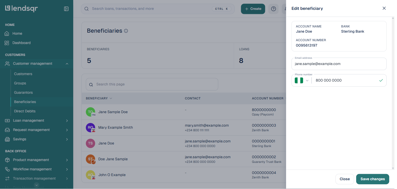 Edit beneficiary panel showing account details and editable email and phone number fields