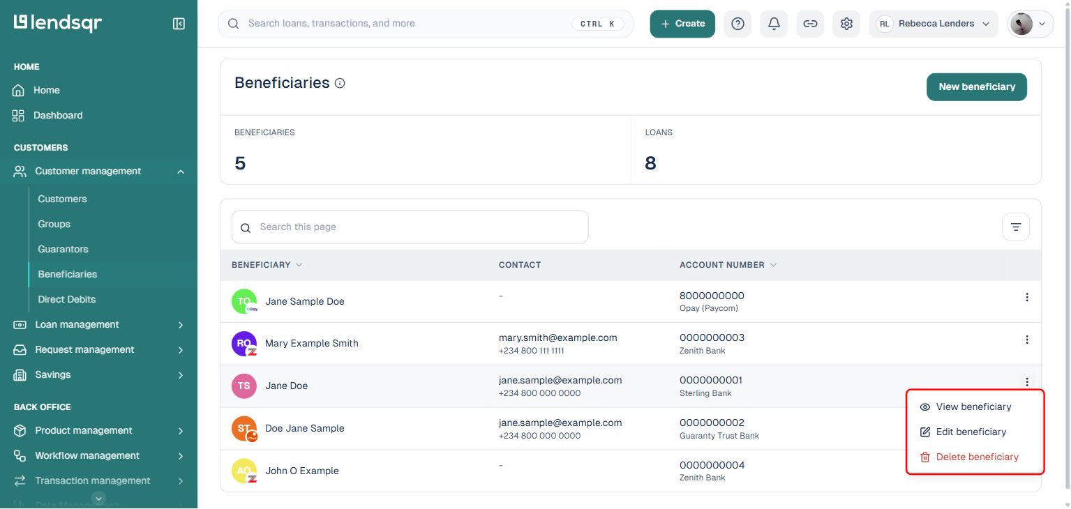 Beneficiary row three-dot menu showing View, Edit, and Delete beneficiary options