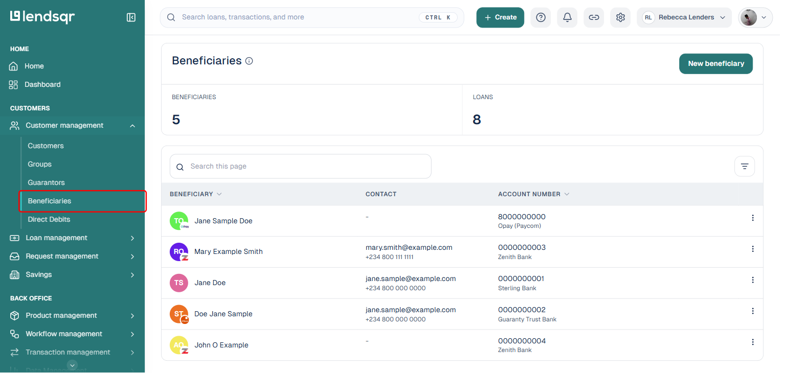 Beneficiaries link under Customer management in the side navigation