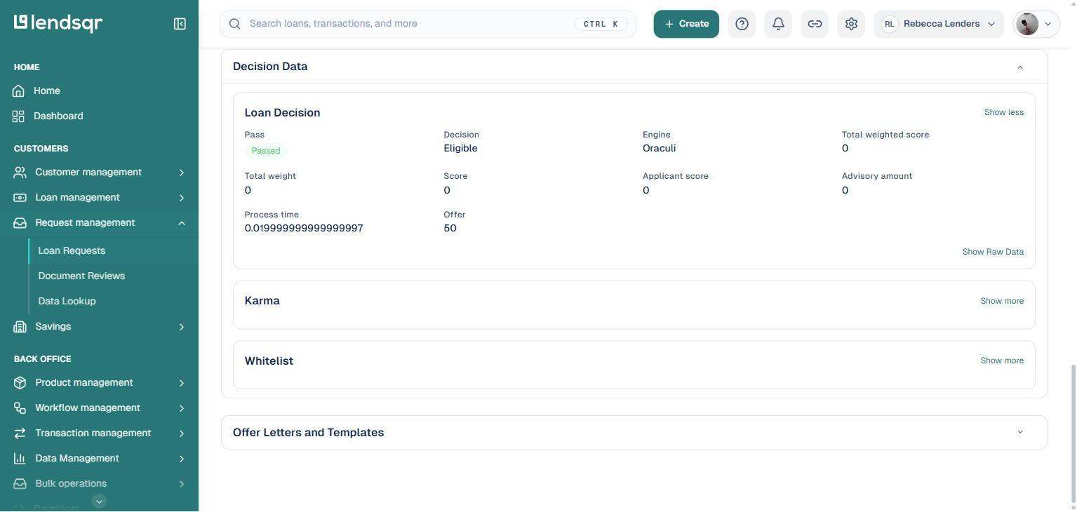 Decision Data section on the loan request page showing the Loan Decision, Karma, and Whitelist checks