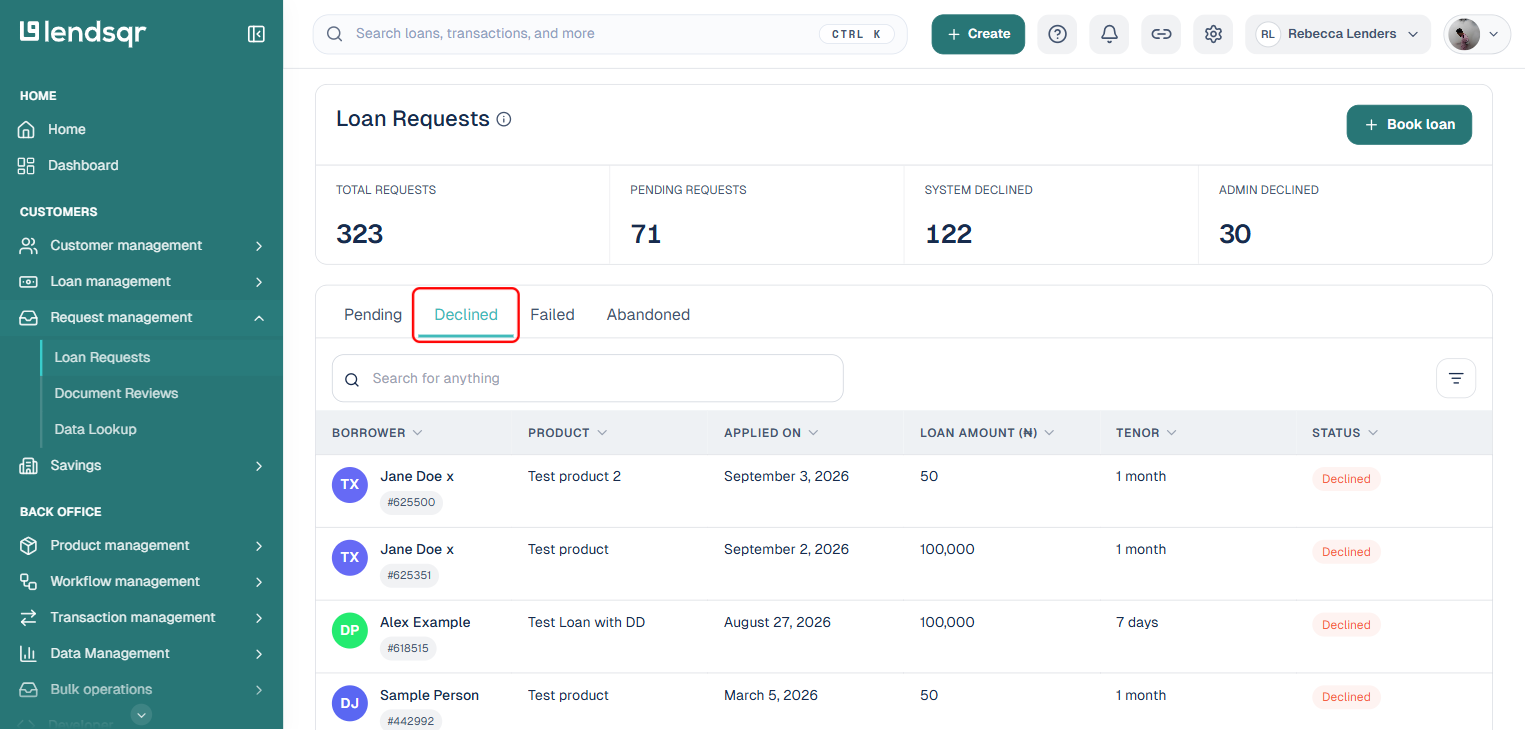 Loan Requests page with the Declined tab boxed, showing a list of declined loan requests