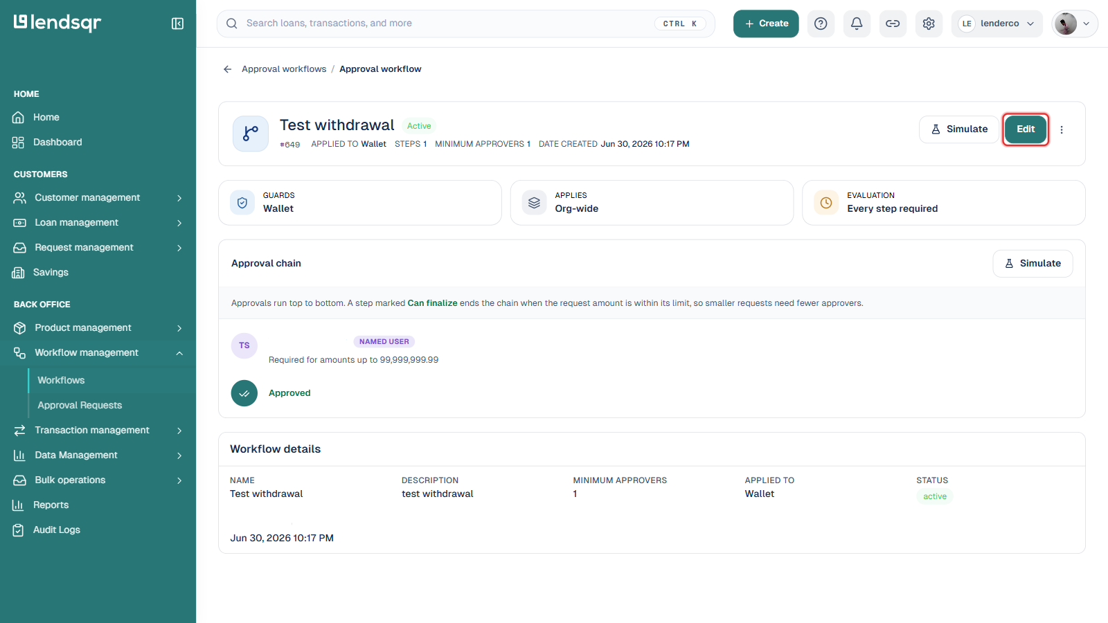 Lendsqr admin console workflow detail page with the Edit button boxed in red next to Simulate; approver name blurred