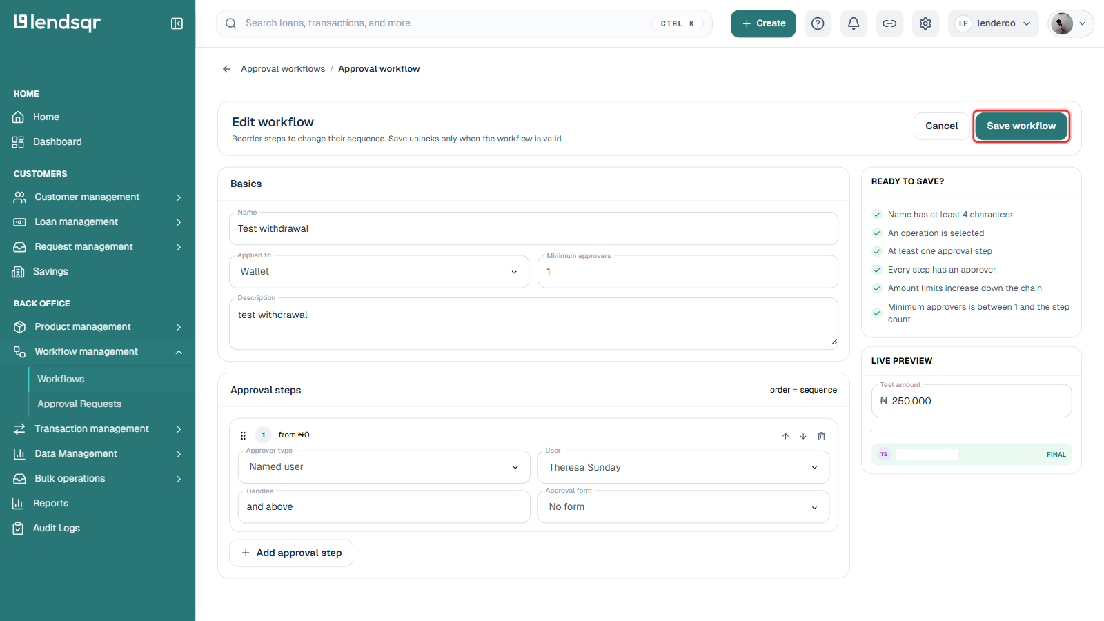 Lendsqr admin console Edit workflow page with the Save workflow button boxed in red; approver name blurred