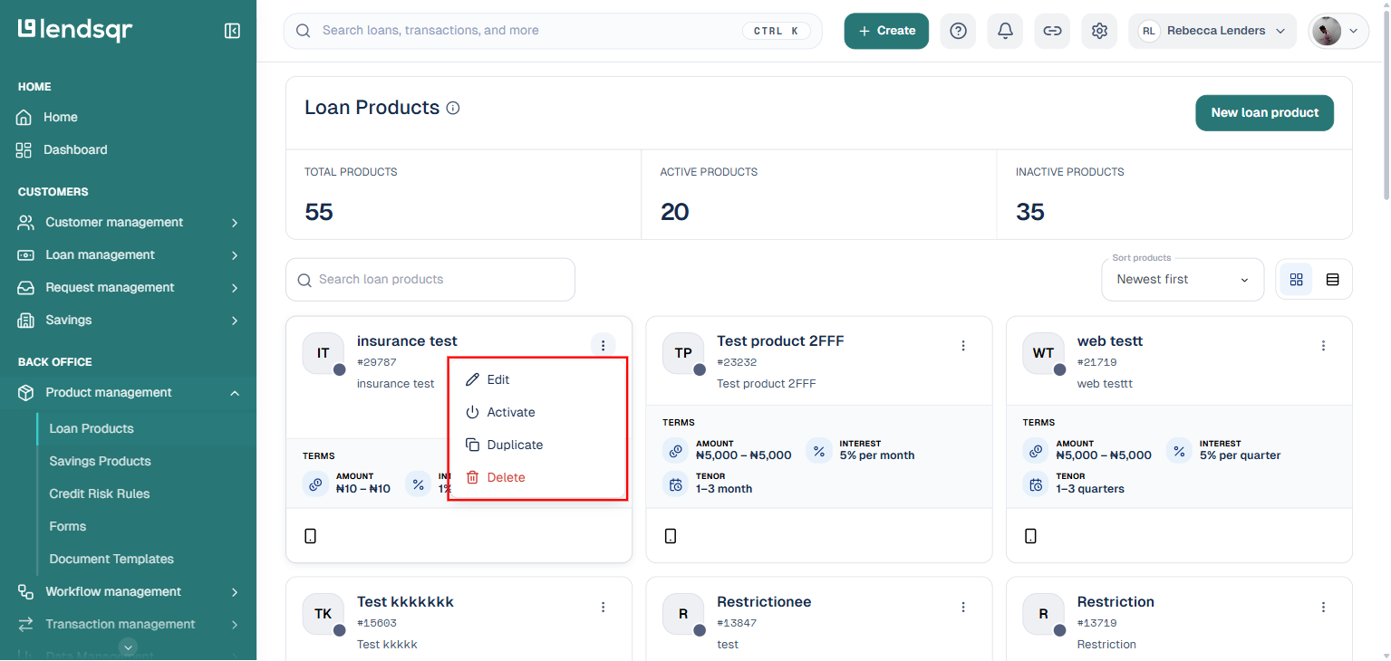 Product actions menu on an inactive loan product card, showing Edit, Activate, Duplicate, and Delete options