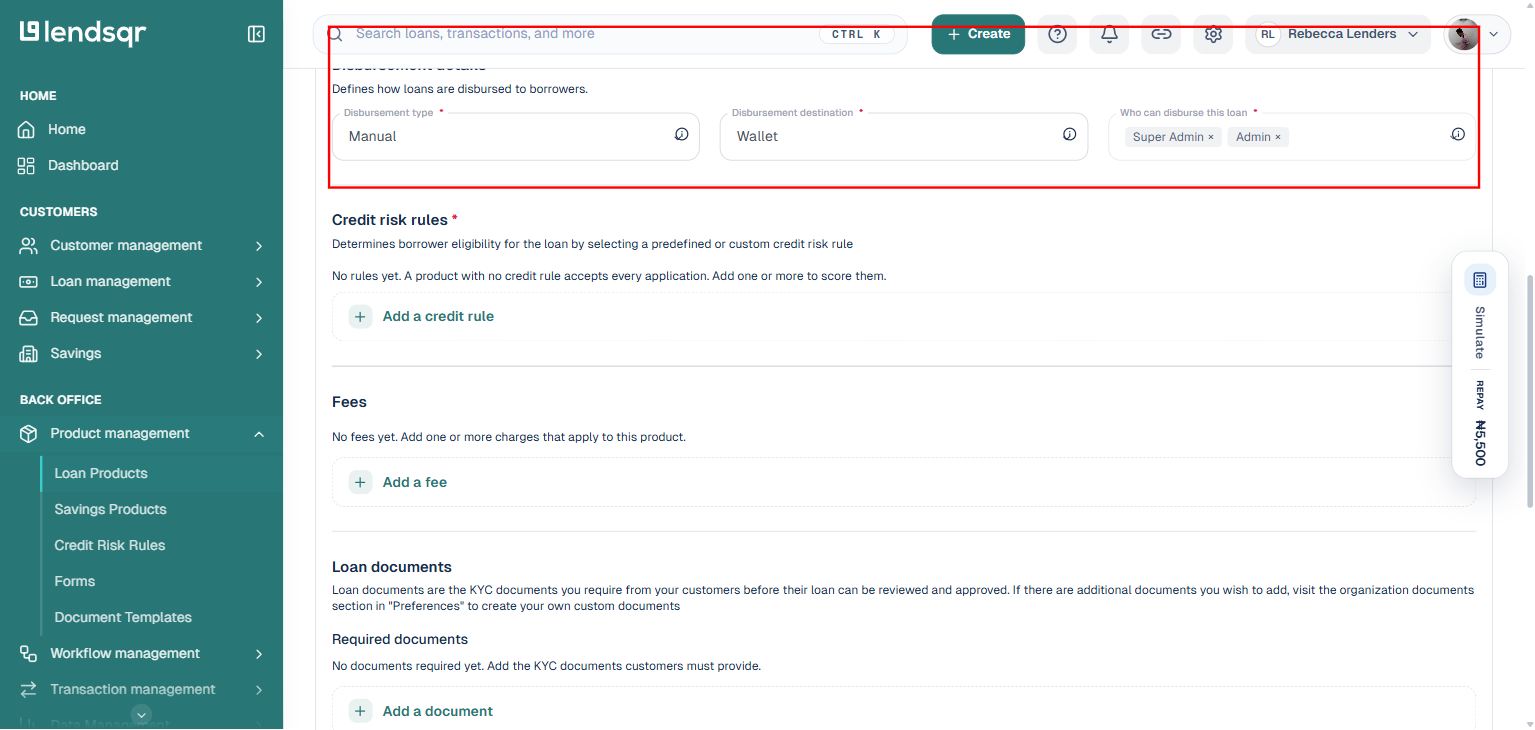 Create a loan product page with the Disbursement details section highlighted, showing disbursement type, destination, and who can disburse fields