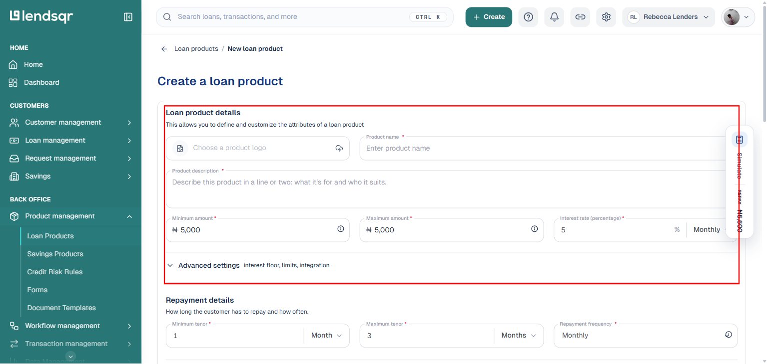 Create a loan product page with the Loan product details section highlighted, showing name, description, amount, and interest rate fields