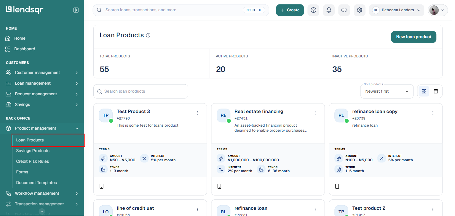 Product management sidebar expanded, with Loan Products submenu item highlighted
