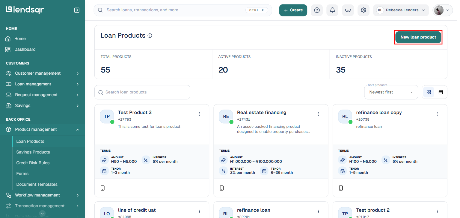 Loan Products page with the New loan product button highlighted in the top right corner