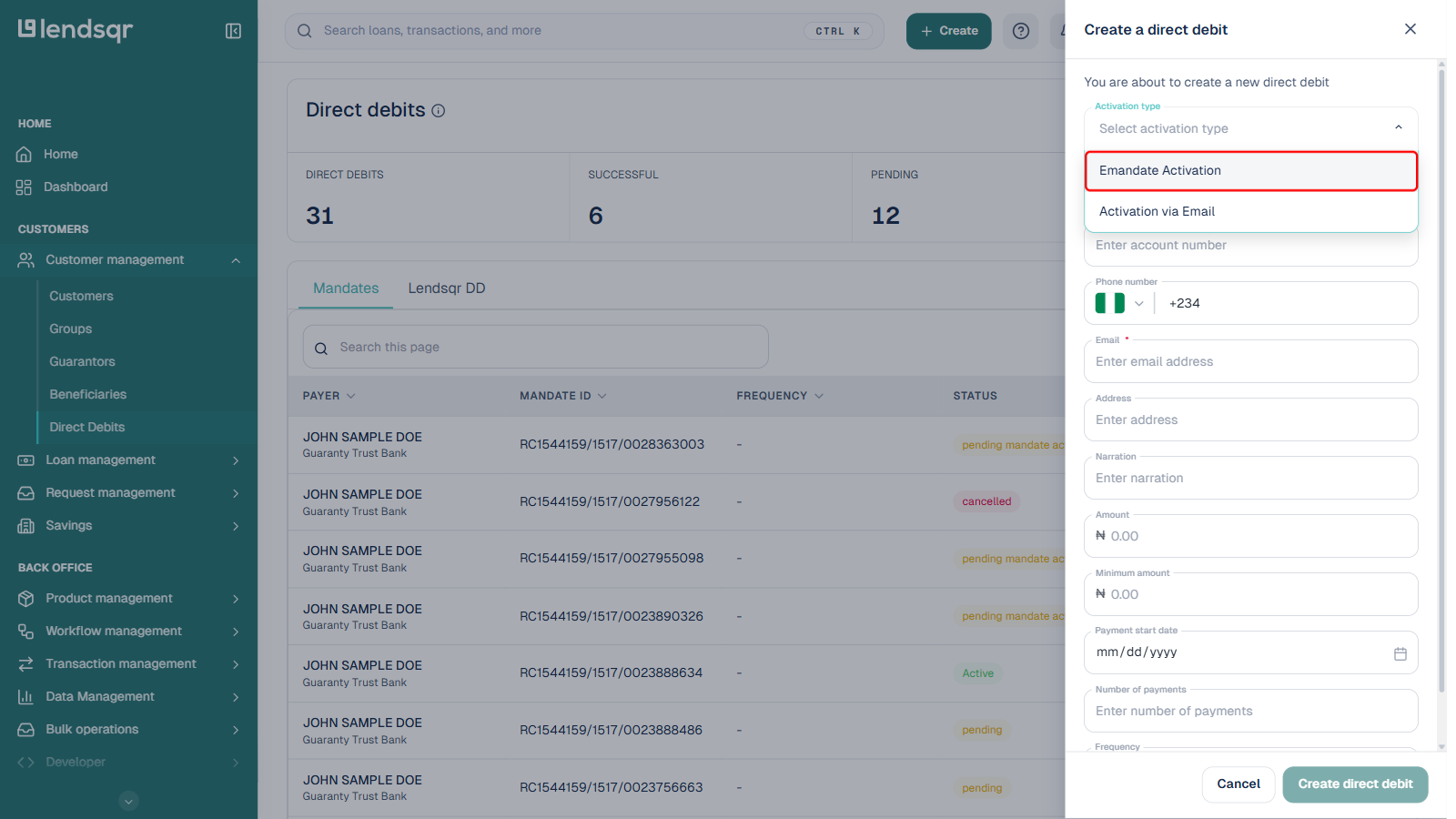 Direct debits page with the New direct debit button boxed in red